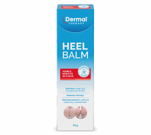 Front view of Dermal Therapy Heel Balm box showing product name, blue packaging and 50 g size