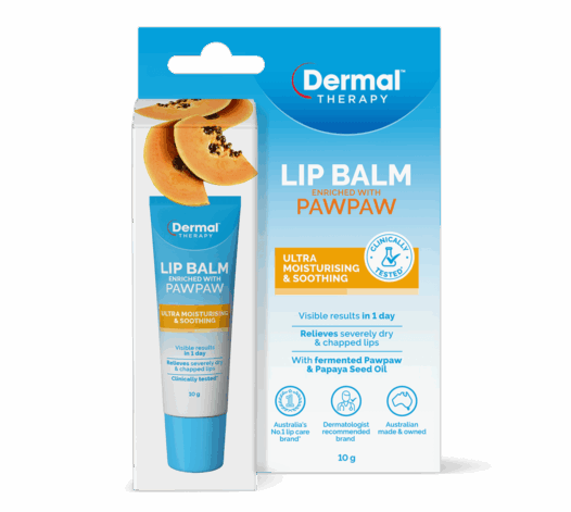 Front view of Dermal Therapy lip balm packaging with pawpaw fruit illustration and product box