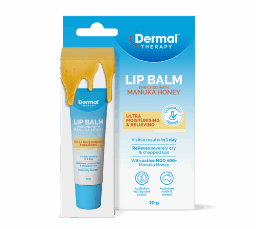 Front of Dermal Therapy lip balm Manuka Honey packaging with tube and box