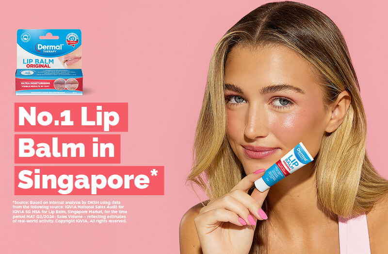 Promotional Graphic of Dermal Therapy Lip Balm Original carton set on a pink background with a woman holding the Lip Balm tube. Text in white reads: No. 1 Lip Balm in Singapore *SOURCE: Based on internal analysis by DKSH using data from following sources: IQVIA National Sales Audit for IQVIA SG NSA for Lip Balm, Singapore Market, for the time period MAT Q3/2024 - Sales Volume - reflecting estimates of real-world activity. Copyright IQVIA. All rights reserved.