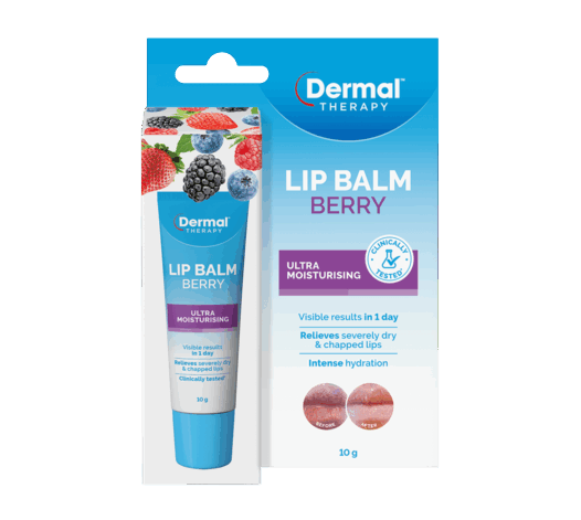 Front of Dermal Therapy Lip Balm Berry box with tube and berry images