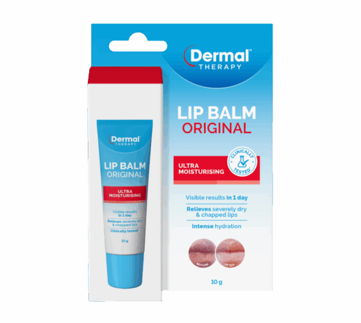 Front of Dermal Therapy Lip Balm Original box beside product tube showing branding and product name