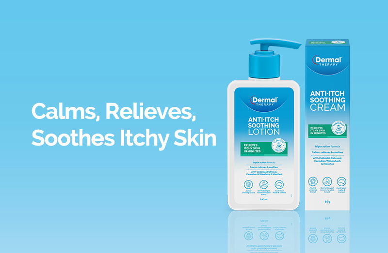 Dermal Therapy Anti-Itch Soothing Lotion pump bottle and Anti-Itch Soothing Cream box on a blue background