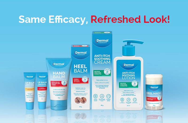 Assorted Dermal Therapy products including lip balm, hand balm, heel balm, anti-itch cream and lotion on a blue background